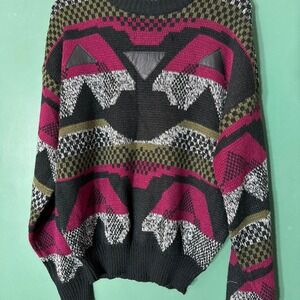 Vintage Campus 80s Geometric Acrylic Sweater Leather Patches Magenta Black Large